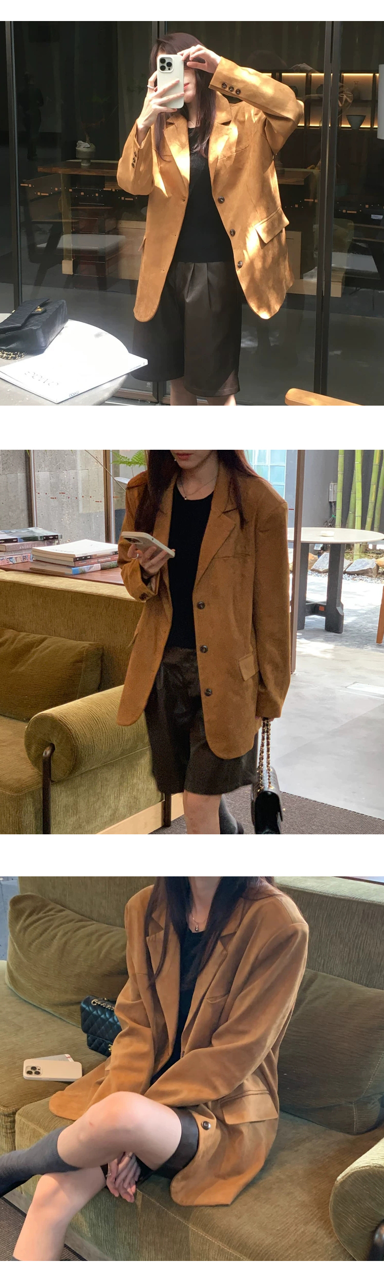 [ONN][JK339]테일러드 카라넥 스웨이드 오버핏 자켓 카멜,브라운 빅사이즈 프론트 버튼 체형커버