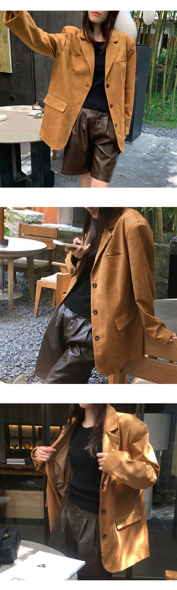 [ONN][JK339]테일러드 카라넥 스웨이드 오버핏 자켓 카멜,브라운 빅사이즈 프론트 버튼 체형커버