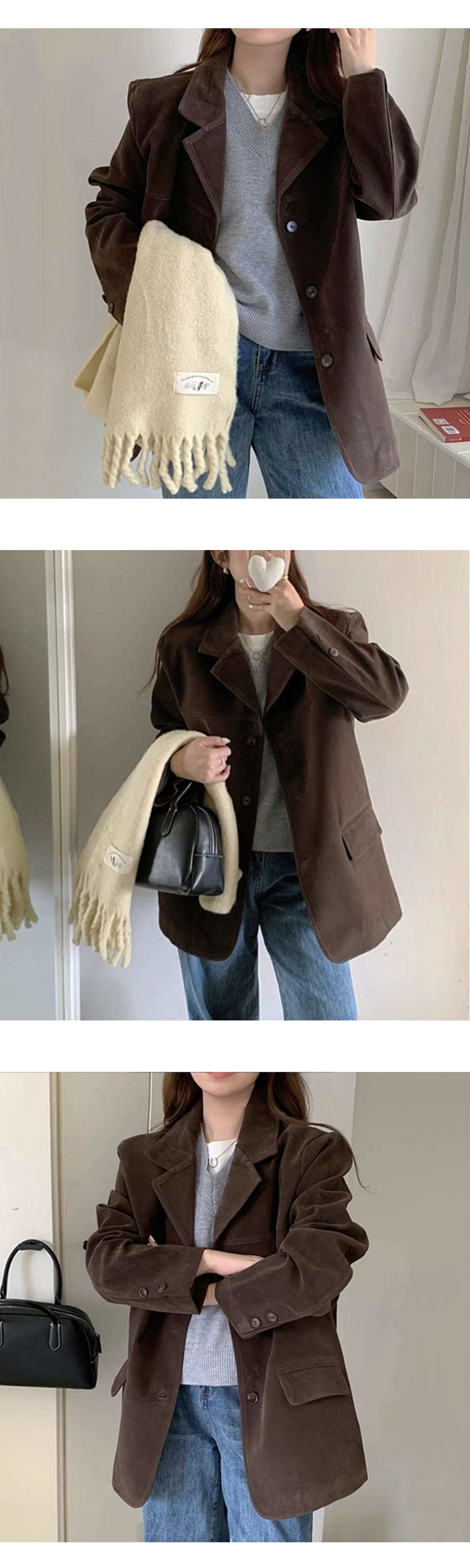 ONN [JK363] 프론트 버튼 스웨이드 테일러드 자켓 루즈핏  정장 코트 캐주얼룩 카멜 브라운