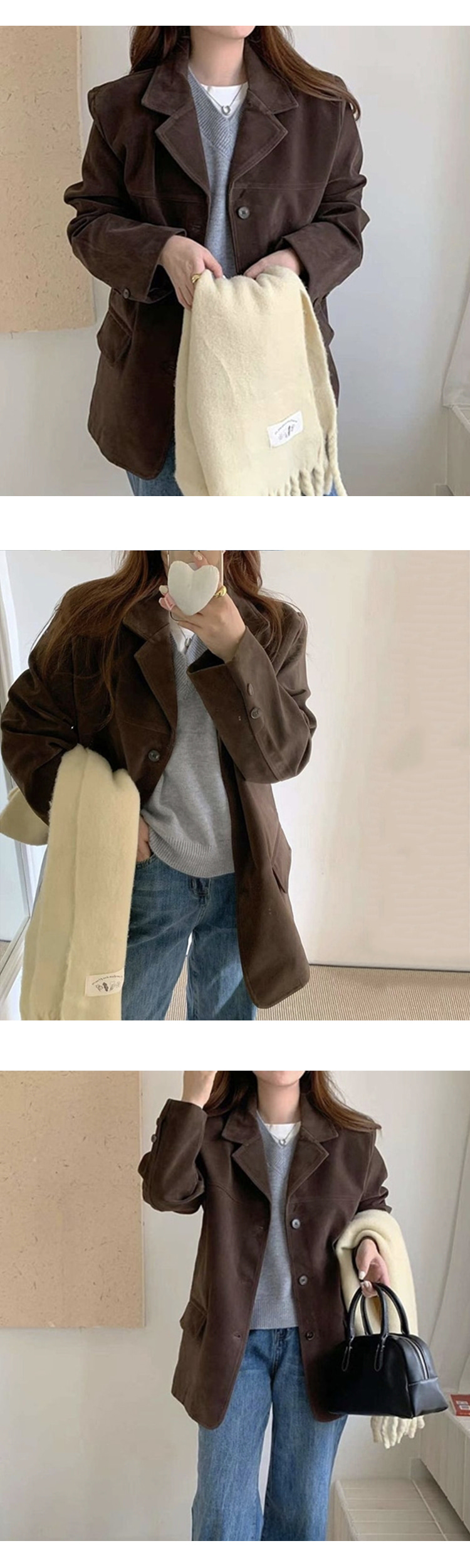 ONN [JK363] 프론트 버튼 스웨이드 테일러드 자켓 루즈핏  정장 코트 캐주얼룩 카멜 브라운