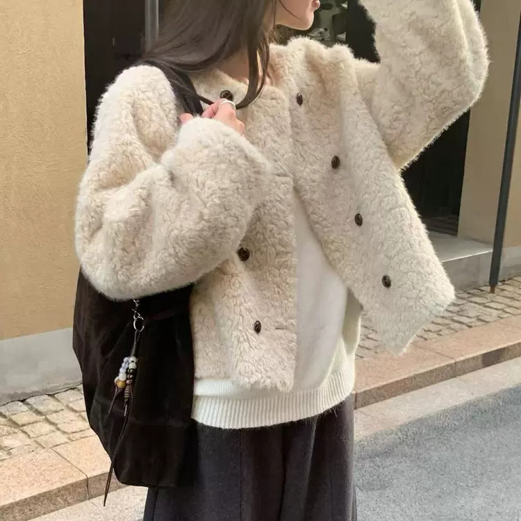 무료ONN/ [JK366] 노카라 라운드넥 양털 더블 크롭 자켓 뽀글이 자켓 