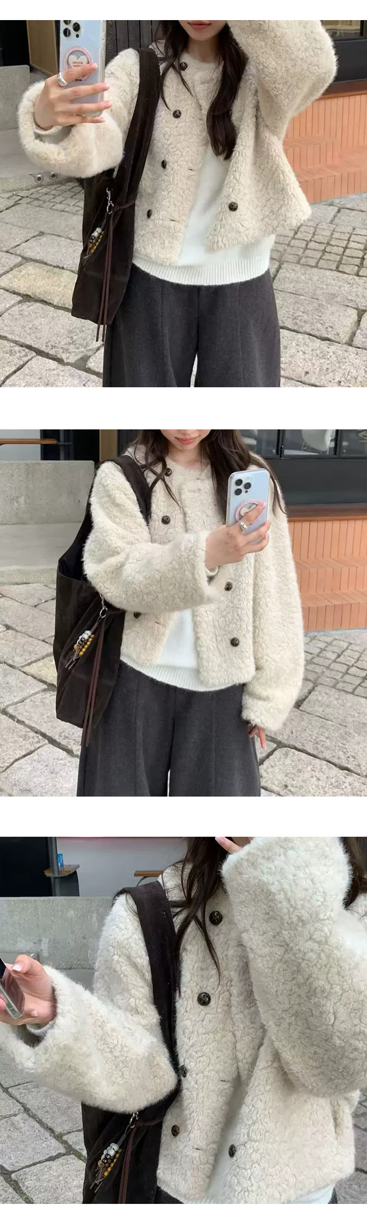 무료ONN/ [JK366] 노카라 라운드넥 양털 더블 크롭 자켓 뽀글이 자켓 