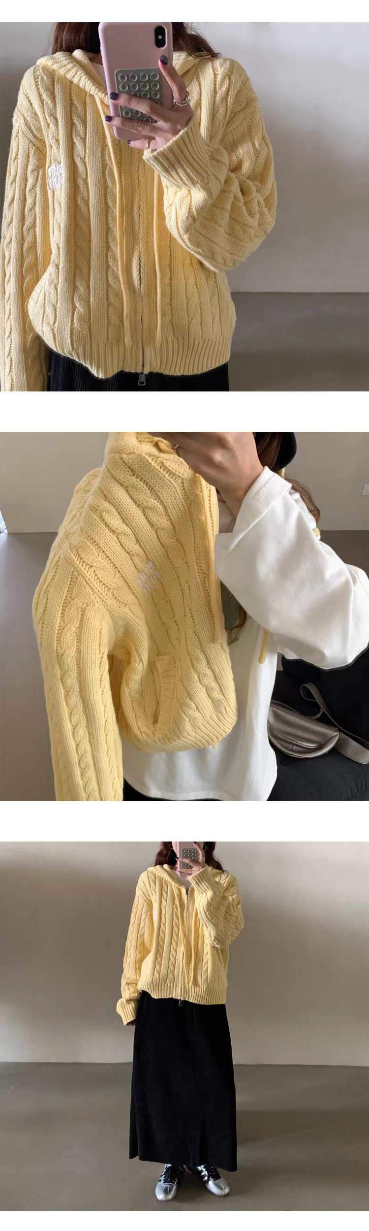 무료 ONN/[CD581] 후드넥 오버핏 레터링 꽈배기 후드 가디건 