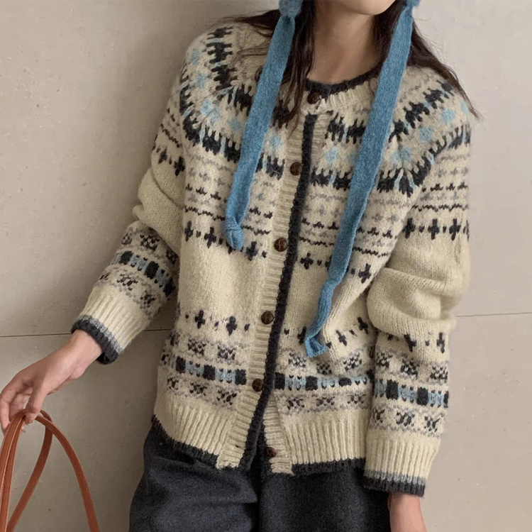 ONN 최저금액 [CD510] 노르딕 배색 라인 가디건 라운드넥 루즈핏 크리스마스 코디