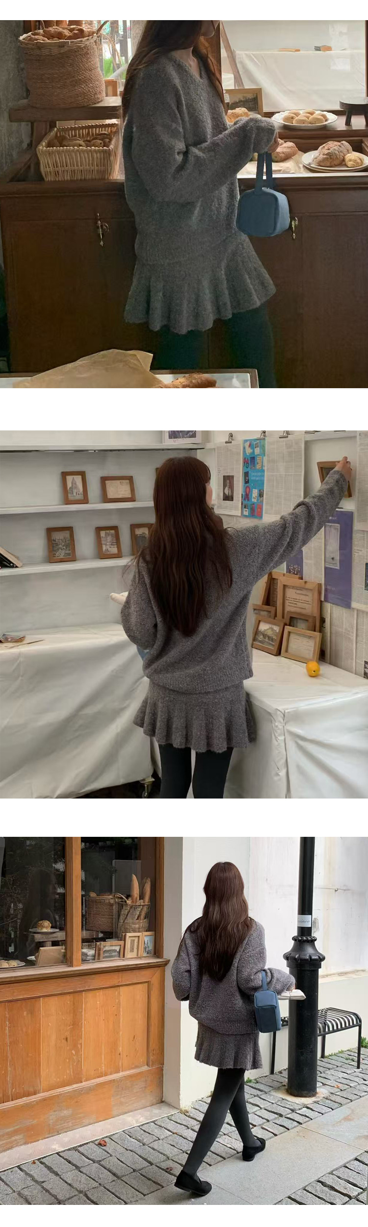 무료/ONN/[SET351]브이넥 니트 부클 루즈핏 니트 미니 스커트 투피스 세트구성 (따로 활용가능)