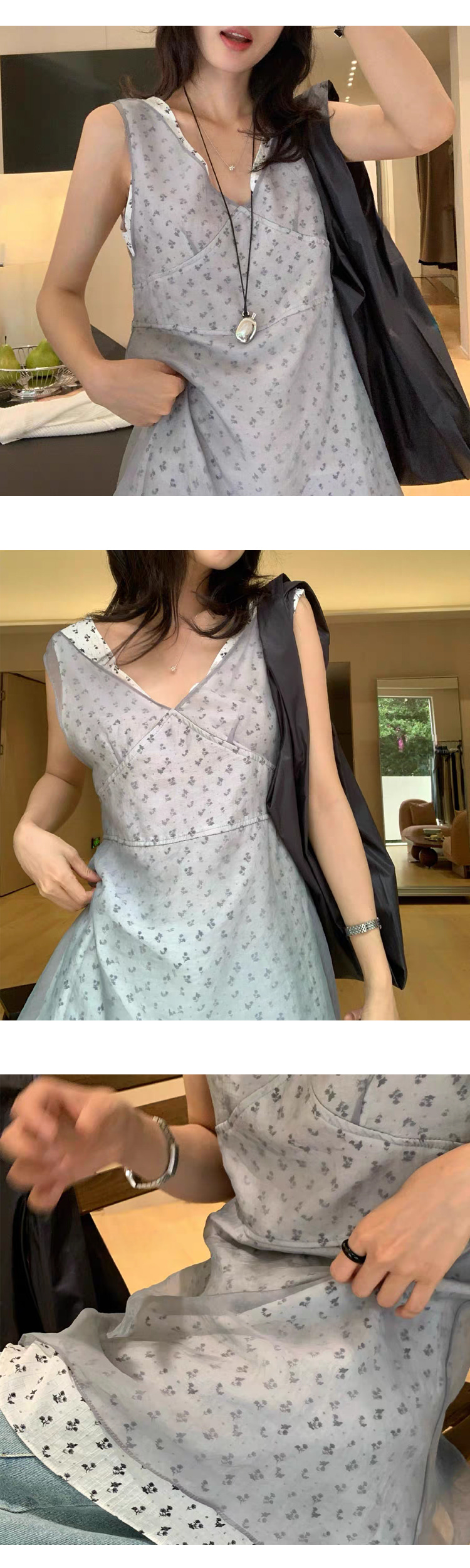 ONN/[OPS1501]플라워 레이어드 미니 원피스 팬츠코디 플라워 망사 민소매 바캉스룩 레이어드룩