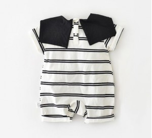 [DOO]46556235 팬더 스카프 줄무늬 우주복 곰돌이 세라복 남아 여아 브이넥 타이 스타일 아기 반팔 셔츠