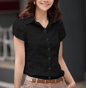 DOO44853453 최저가 허리 라인 여성 여름 반팔 프릴 소매 셔츠 카라 데일리 남방 블라우스 화이트 블랙 44~88