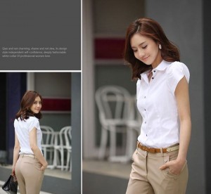 DOO44853453 최저가 허리 라인 여성 여름 반팔 프릴 소매 셔츠 카라 데일리 남방 블라우스 화이트 블랙 44~88