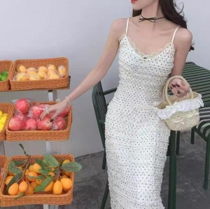 ONN/[OPS1461]여름 민소매 도트 레이스 나시 롱 원피스 프릴 캉캉 스커트 아이보리 블랙 Free