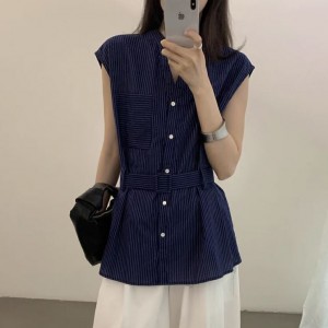 ONN/[ST151]노카라넥 여름 여성 쟈켓형 벨트 민소매 셔츠 아이보리 아이줄지 네이비  free 55~77