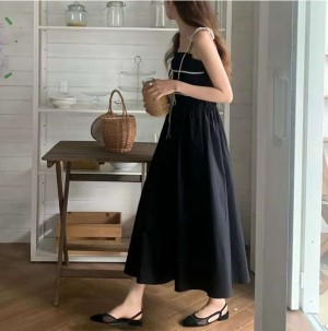 ONN/[OPS1392]여름 리본 배색 스트링 끈나시 스모크 롱 원피스 플레어 스커트 아이보리 블랙 