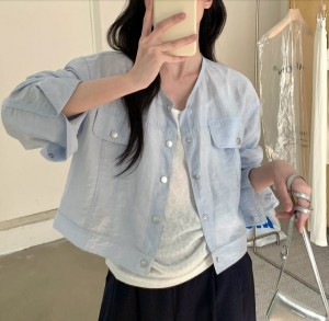 ONN [JK354] 여름 시스루 크롭 자켓 노카라넥 프론트 버튼 숏 자켓 베이지 소라 블랙 화이트  FREE