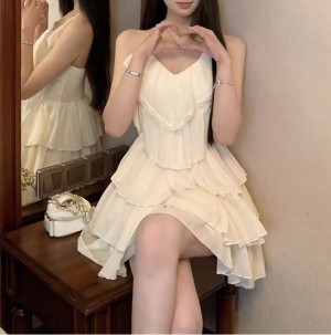 [ONN]OPS1466 여름 쉬폰 캉캉 홀터넥 미니 원피스 끈 나시 브이라인 주름 원피스 아이보리 소라 바캉스룩