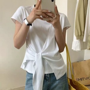 [ONN][T344]랩 스트링 반팔 티셔츠 아이보리 소라 블랙 3색중 택1 핀턱 숄더 사선 랩 허리끈 스트링 언발 셔츠