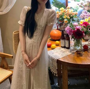 [ONN][OPS1469]은은한 시스루 레이스 퍼프 반팔 롱 원피스 프론트 버튼 오픈클로징 원피스 아이보리 베이지