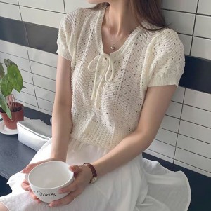 [ONN] [NT560] 여성스러운 여름 니트 리본끈 스카시 펀칭 반팔 니트 아이보리 니트 퍼프 반팔 숏 기장 