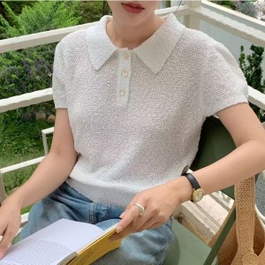 [ONN][NT658] 여성 고급스러운 카라넥 퍼프 반팔 니트 시보리 밑단 허리 라인 아이보리 핑크 민트 3종 택1