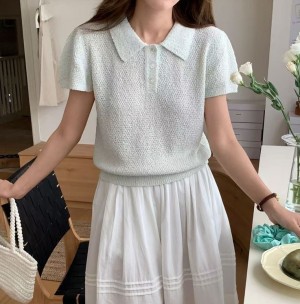 [ONN][NT658] 여성 고급스러운 카라넥 퍼프 반팔 니트 시보리 밑단 허리 라인 아이보리 핑크 민트 3종 택1