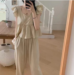 무료_ONN SET338]민소매 블라우스 와이드 팬츠 투피스 브이넥 나시 셔츠 편한 바지 시원한 소재 세트 제품