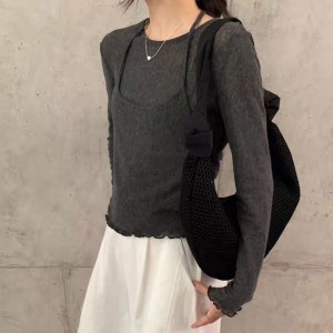 [ONN][NT672]스트링 홀터넥 나시 라운드 니트 세트 구성 꾸안꾸룩 러블리룩 아이보리 카키 먹색 신축성