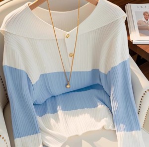 [제이스]P0000CVT_세라 니트 봄 가을 상의 파스텔 배색 세일러 카라 골지 니트 긴소매 카라 앞단추 니트티